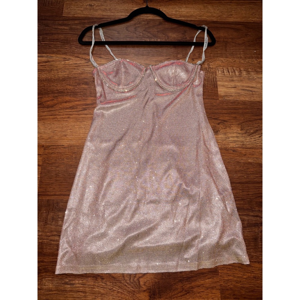 Pink Glitter Bustier Mini Dress Rhinestone Straps Metallic Party Dress Small